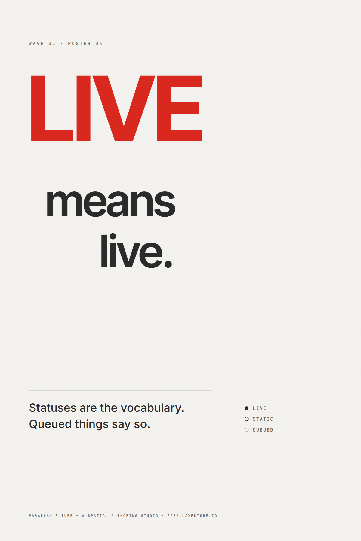 Poster P3 — giant red 'LIVE' interruption at top, ink 'means / live.' staircase below, an all-ink status-vocabulary legend.