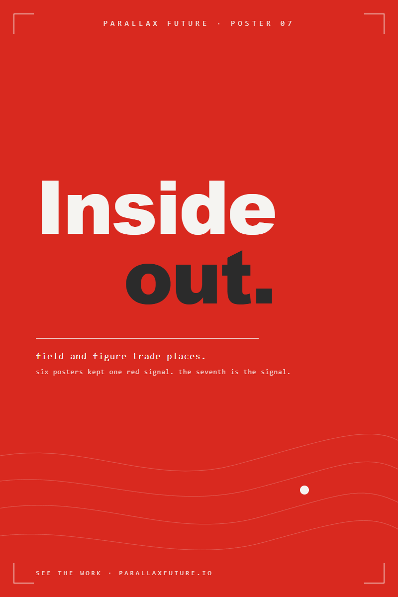 Poster P7 — the reversal: solid red field, paper-white staircase headline 'Inside out.' with the word 'out' in ink, sub 'field and figure trade places.'