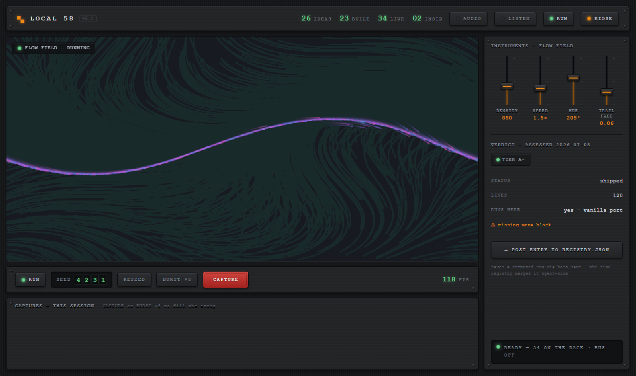 Local 38 v0.3 — the catalog rail on the left, Flow Field running live on the stage at 120 FPS, instrument knobs and a Tier A- verdict panel on the right; the header counts 26 ideas, 23 built, 32 live