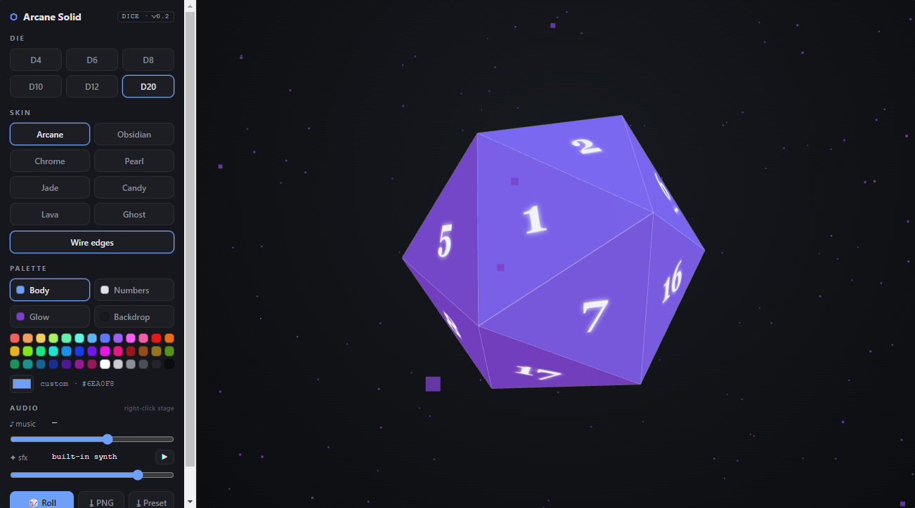 Arcane Solid — a glowing numbered d20 over a starfield, with die, skin, and palette controls