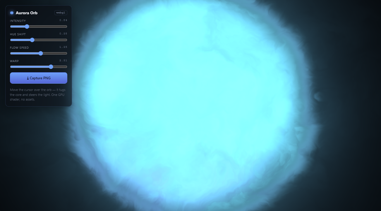 Aurora Orb — a glowing cyan orb with control sliders