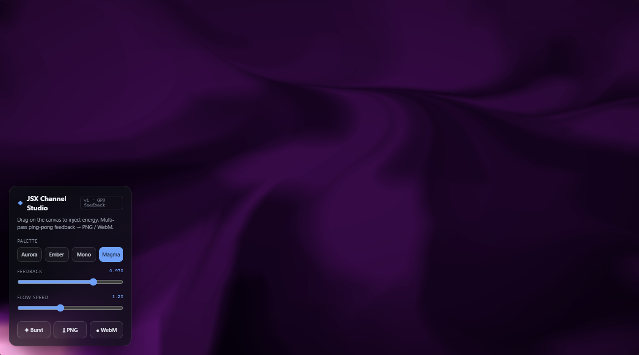 JSX Channel Studio — a purple GPU feedback field with a control panel