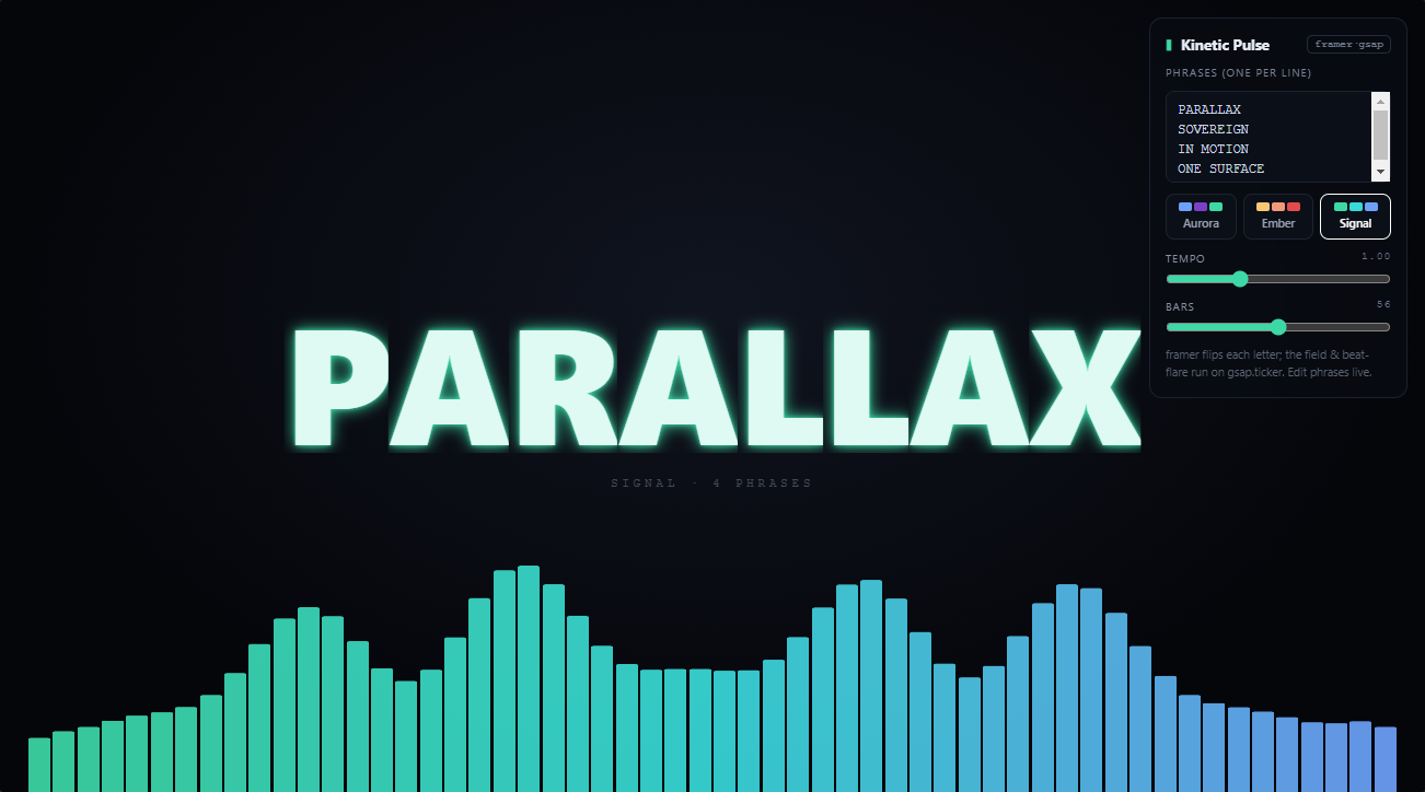 Kinetic Pulse — glowing PARALLAX type over an equalizer