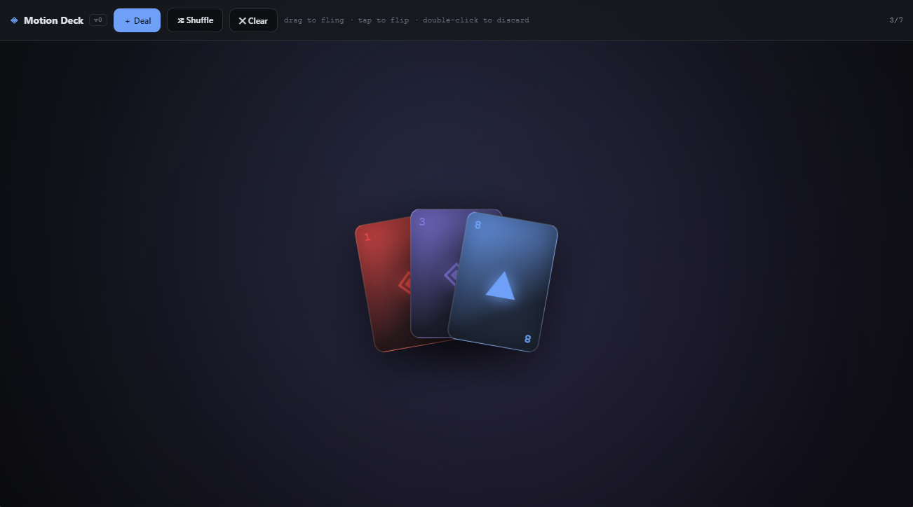 Motion Deck — three glowing cards fanned on a table