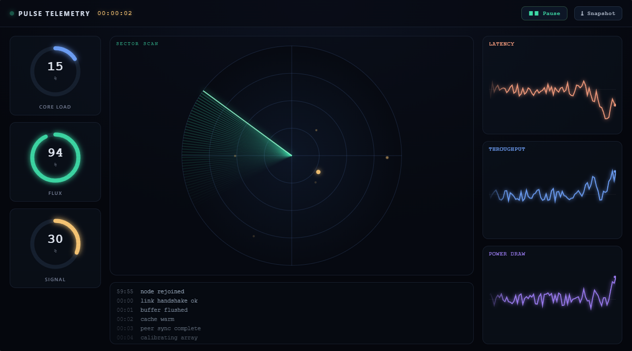 Pulse Telemetry — radar sweep, gauges and sparklines
