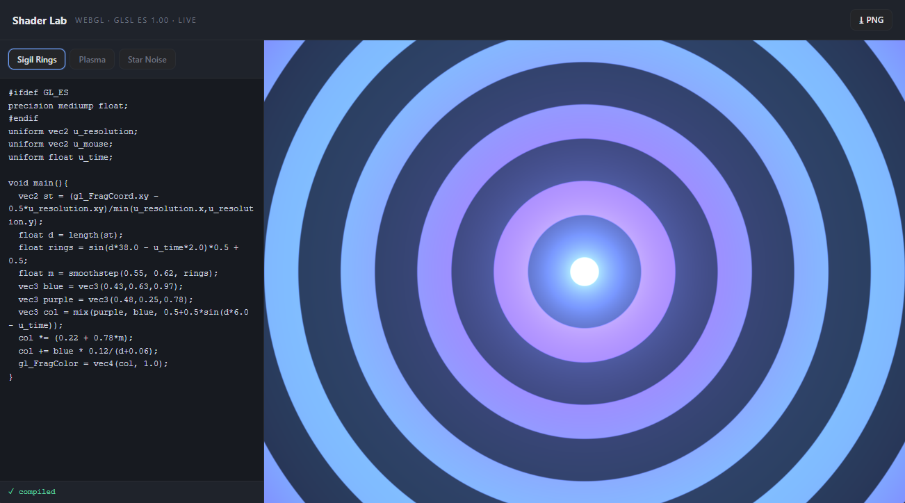 Shader Lab — a GLSL editor beside a live ring shader