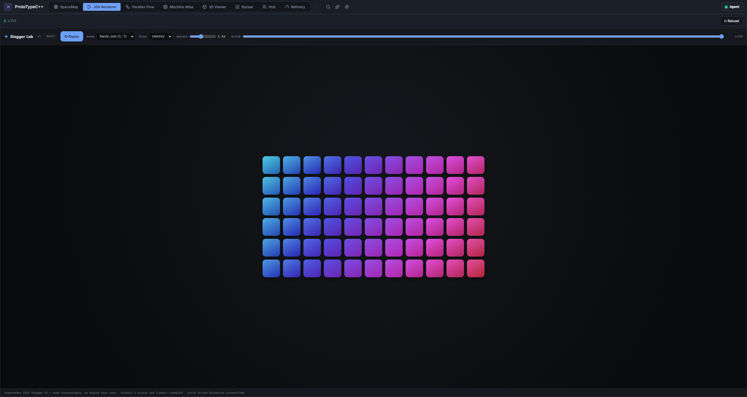 Stagger Lab — a grid of gradient tiles mid-bloom with choreography controls